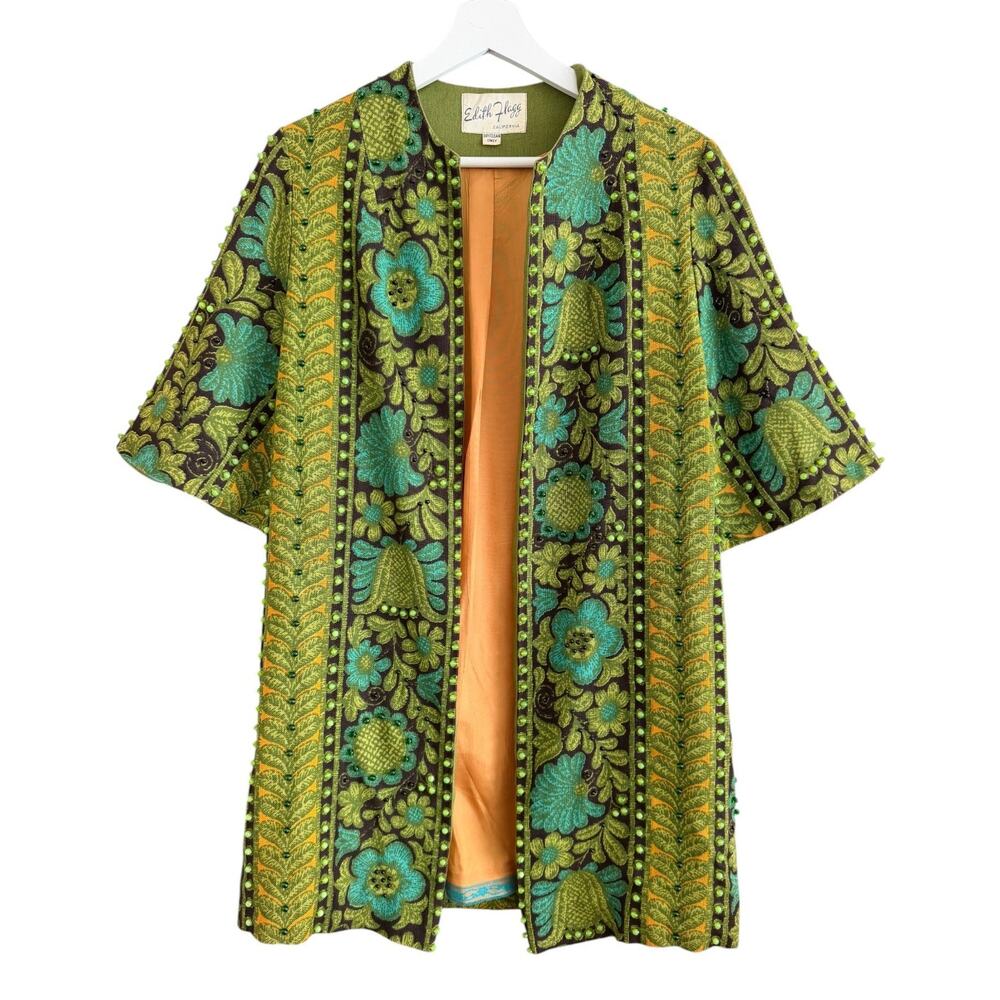 Vintage 1960's Edith Flagg Beaded Linen Topper Jacket Green Floral Mod XS/S